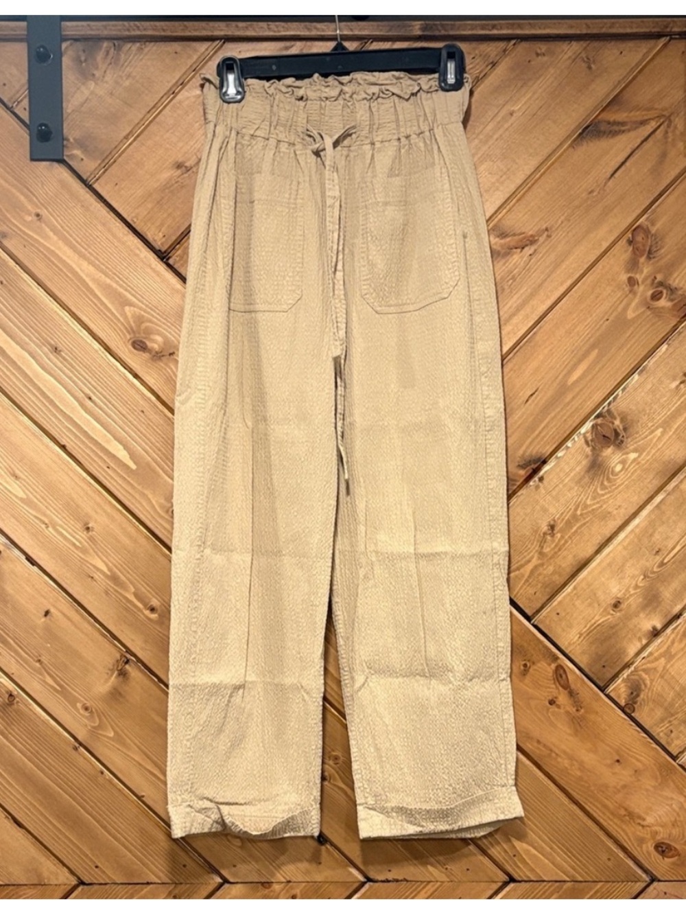 Zara Tan Textured Cotton Drawstring Relaxed Pants XS
